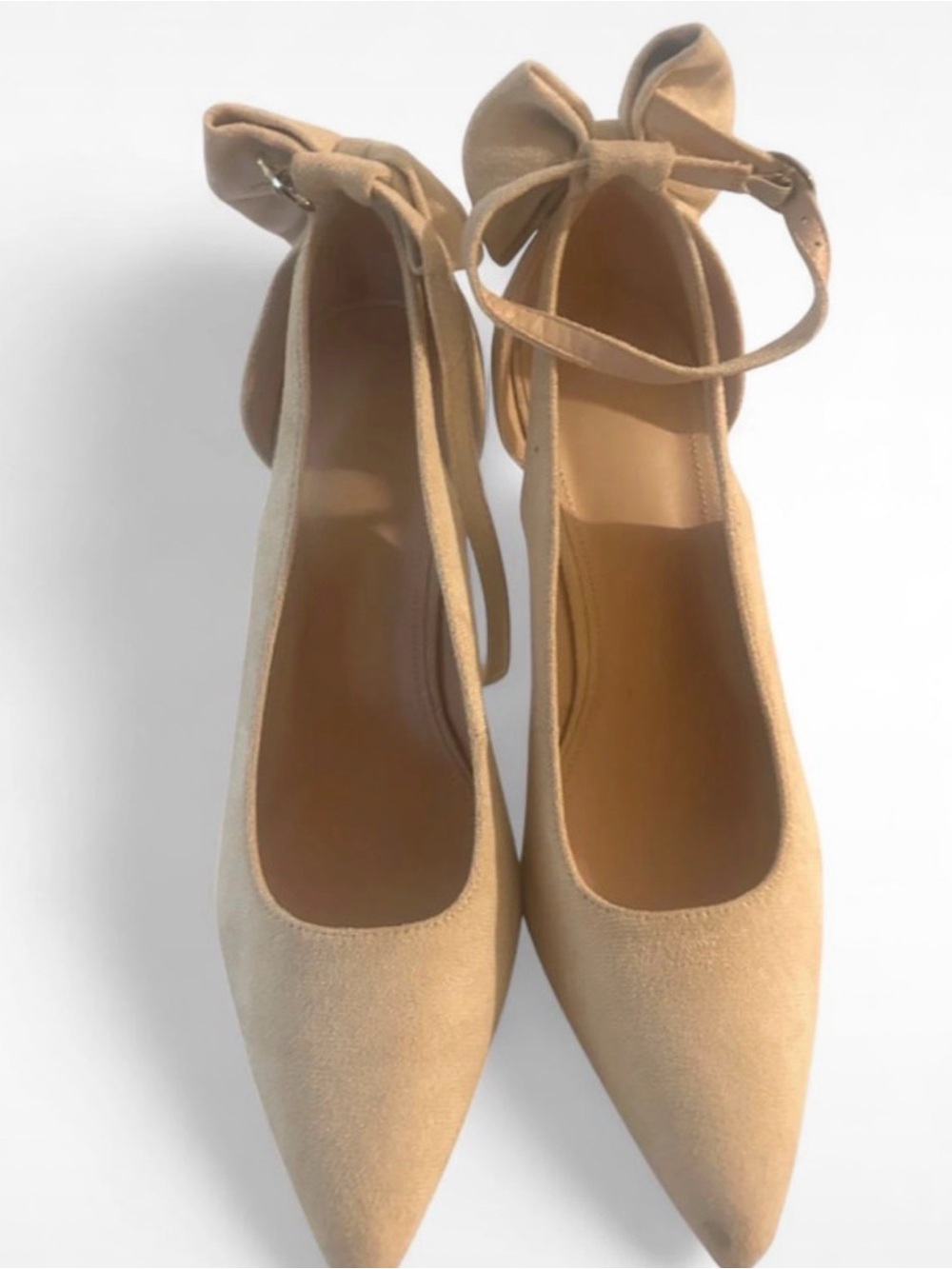 Pointed Toe Ankle Strap Heels with Bow in Beige